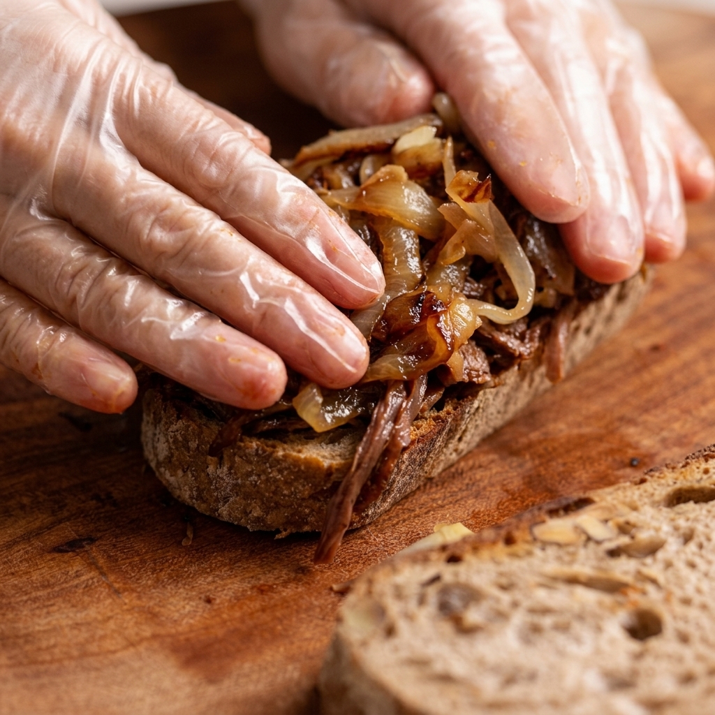 Des mains superposant des oignons caramélisés fondants sur le bœuf effiloché.