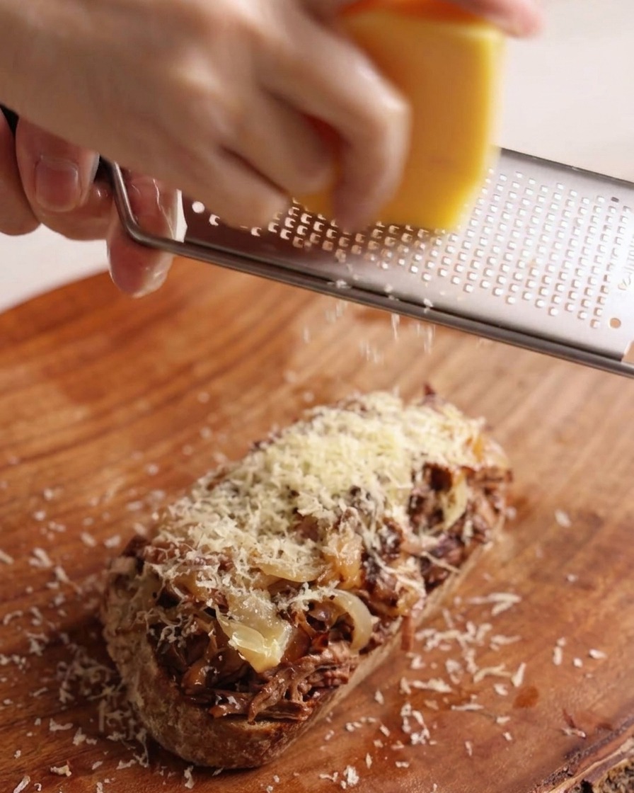 Une main utilisant une râpe en métal pour saupoudrer du fromage sur le sandwich ouvert.