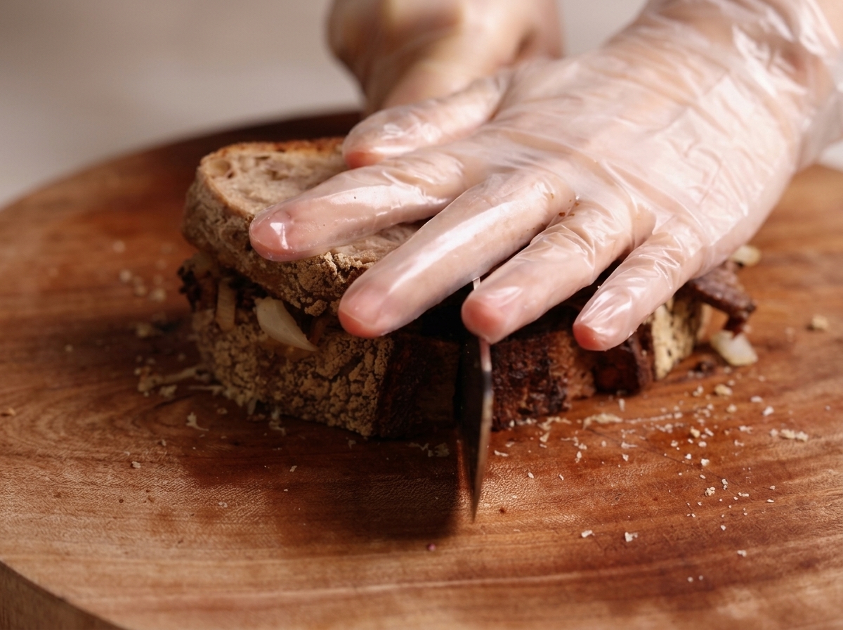 Des mains pressant un sandwich épais tout en le coupant en deux avec un grand couteau.