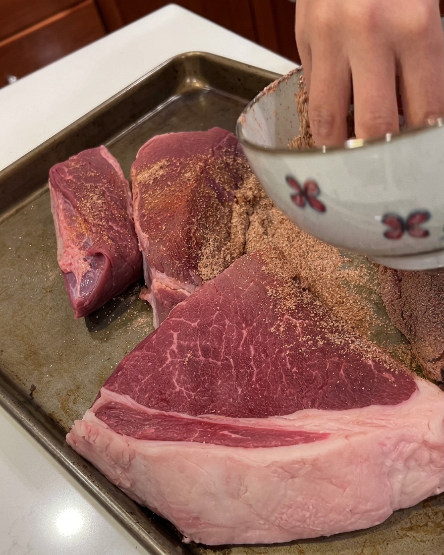 Une main saupoudrant généreusement un mélange dépices sur des morceaux de bœuf cru.