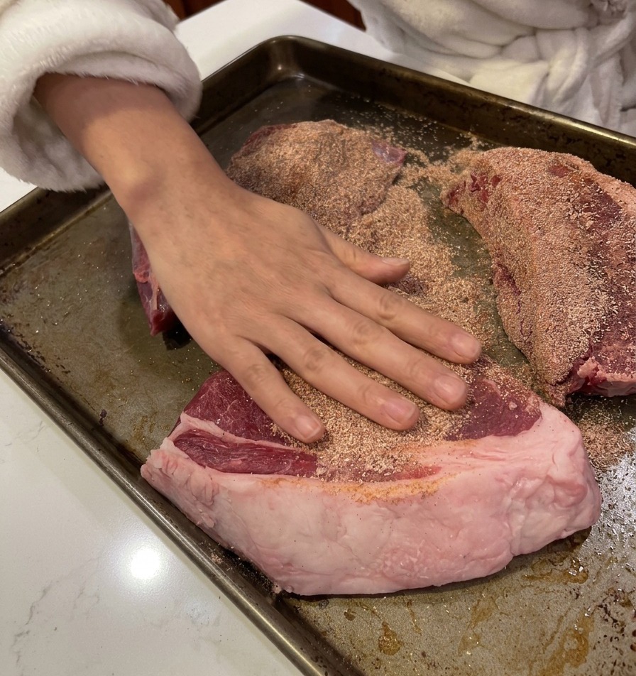 Une main frottant fermement les épices sur la surface des morceaux de bœuf.