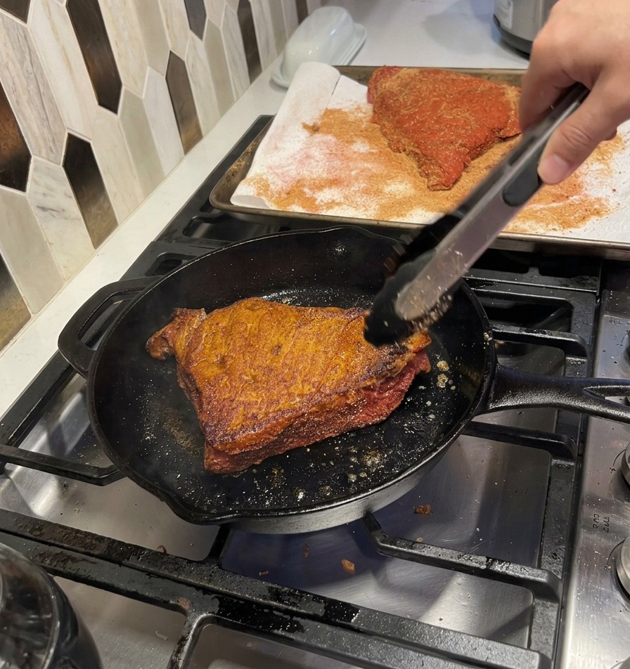 Plusieurs morceaux de bœuf colorant uniformément dans une poêle chaude.