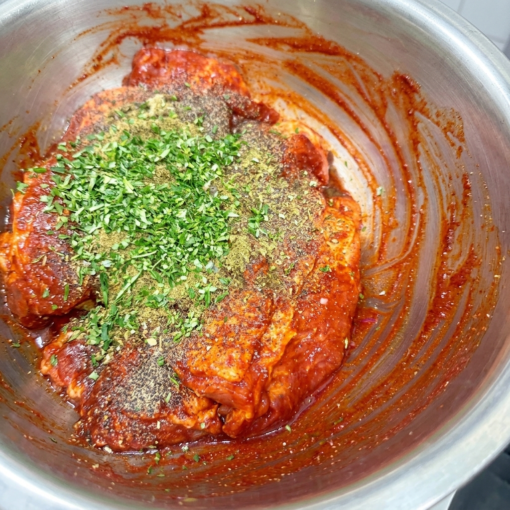 Porc cru dans un bol métallique saupoudré de paprika, persil et épices diverses.