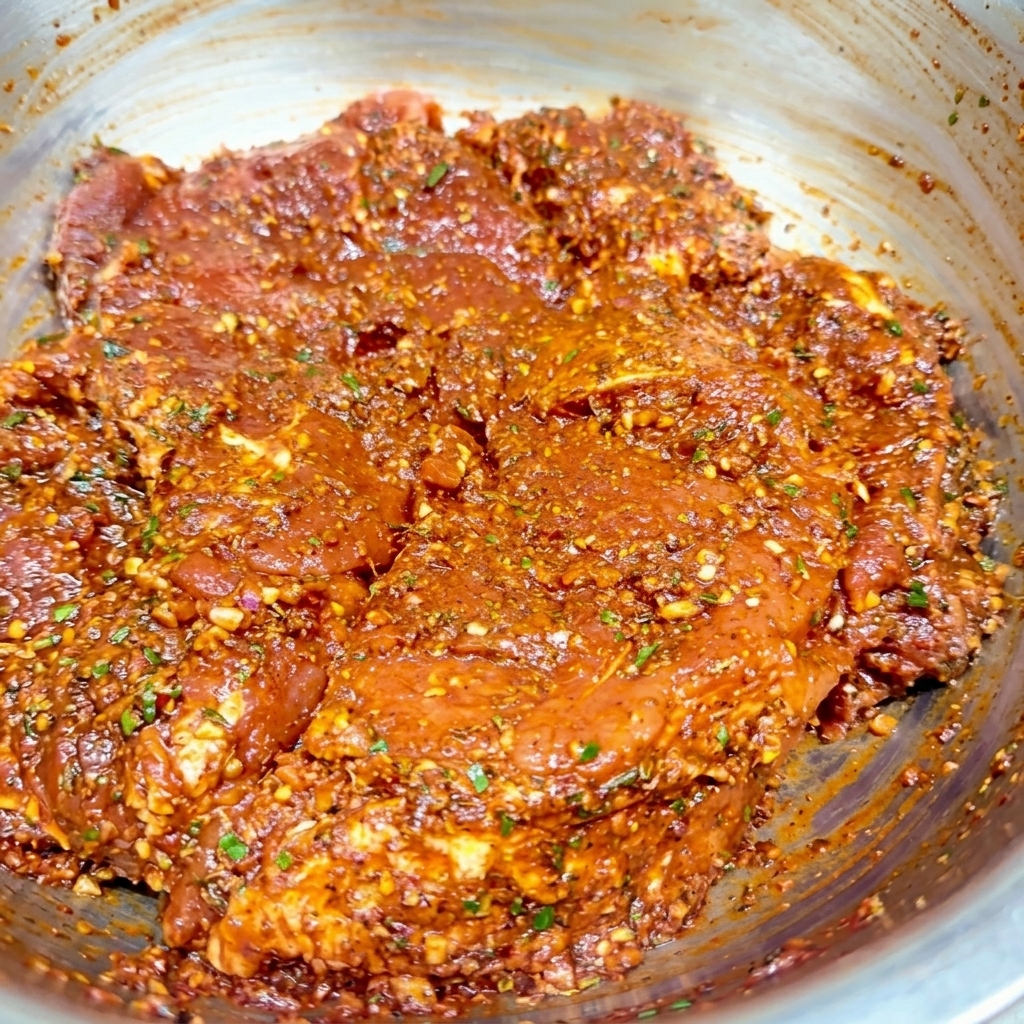 Morceaux de porc totalement enrobés dune marinade rouge épaisse aux herbes.