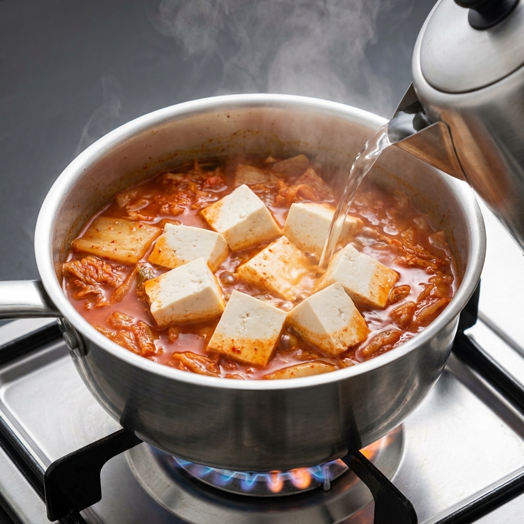 De leau chaude versée dune bouilloire en métal dans une casserole remplie de bouillon rouge, de kimchi et de tofu.