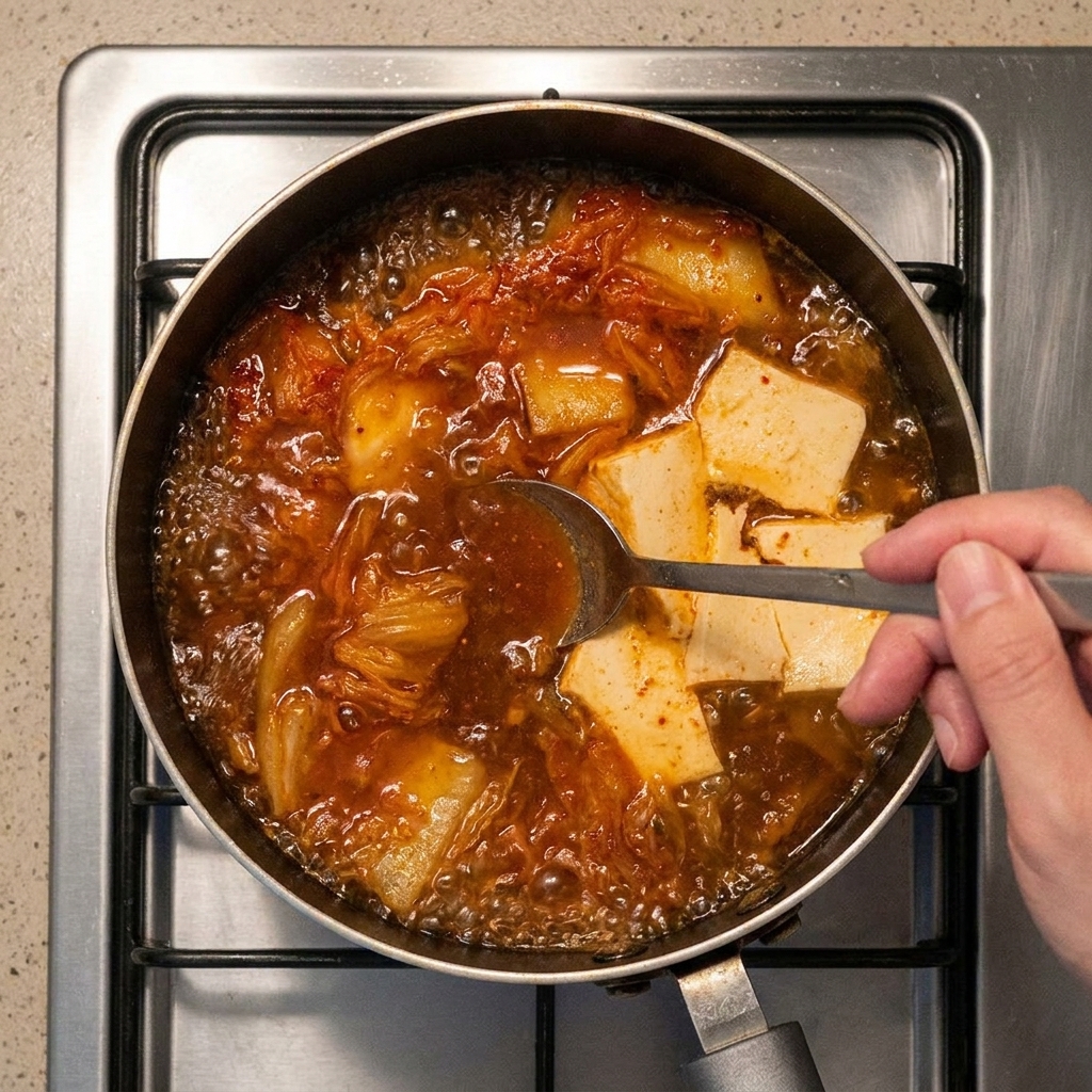 Une cuillère en métal remuant un bouillon rouge frémissant avec de gros morceaux de tofu soyeux et de kimchi.
