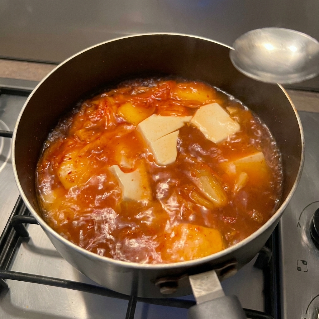 Une cuillère en métal au-dessus dune soupe de kimchi et tofu frémissante ajoutant lassaisonnement liquide.