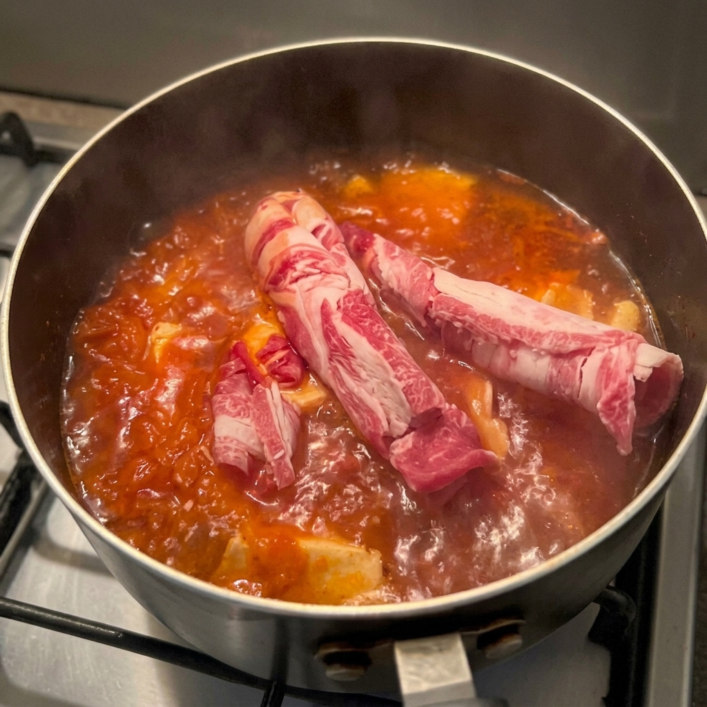 Fines tranches de bœuf cru dans un bouillon rouge bouillonnant avec du tofu et du kimchi.