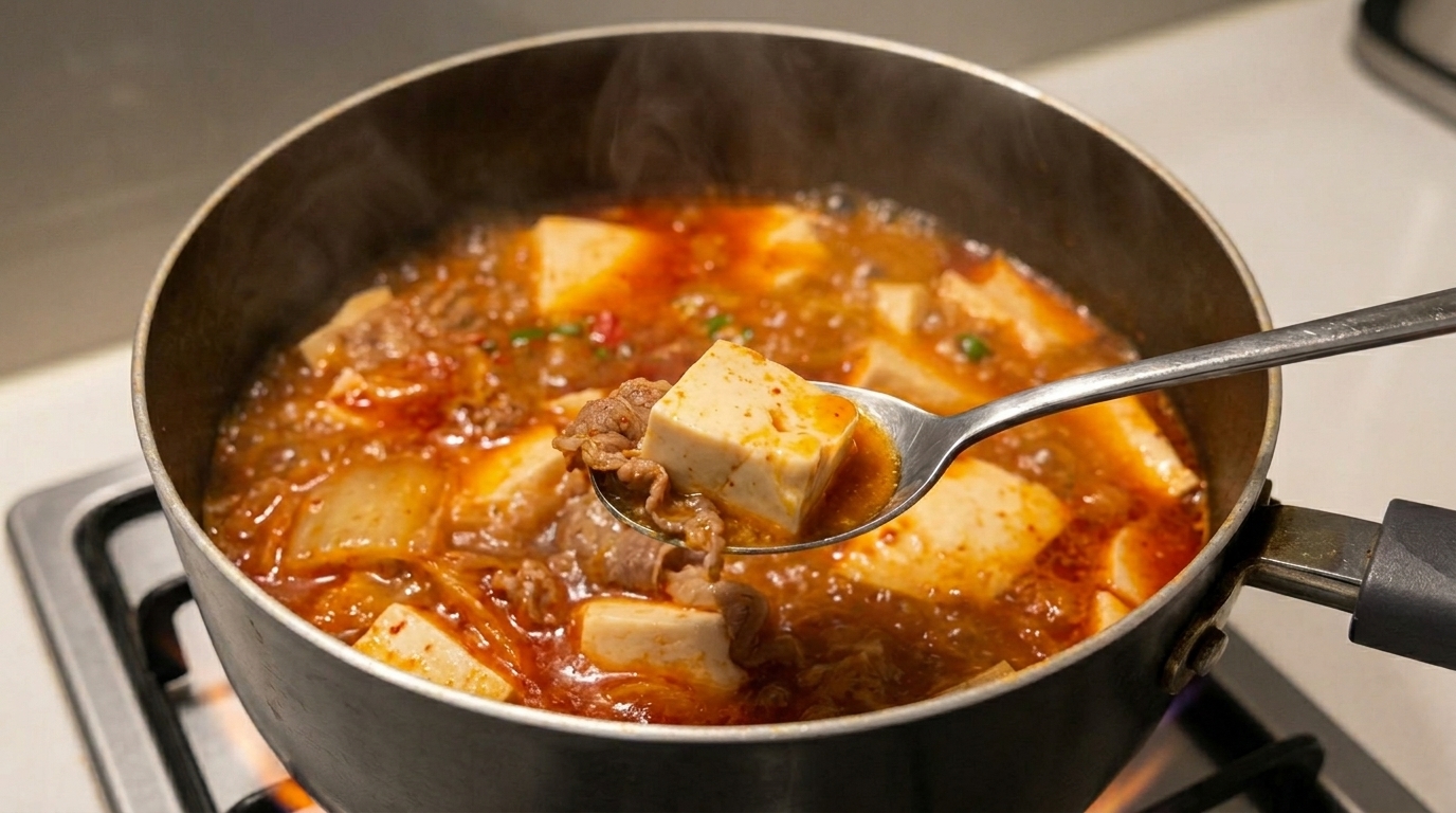 Soupe au Kimchi, Bœuf et Tofu Soyeux : Recette Rapide