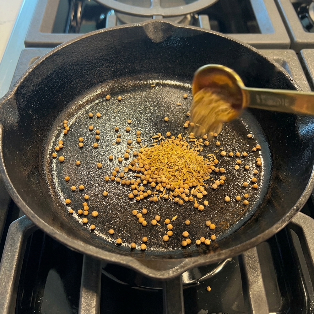 Graines de coriandre, de cumin et grains de poivre torréfiés dans une poêle en fonte sur un feu à gaz.