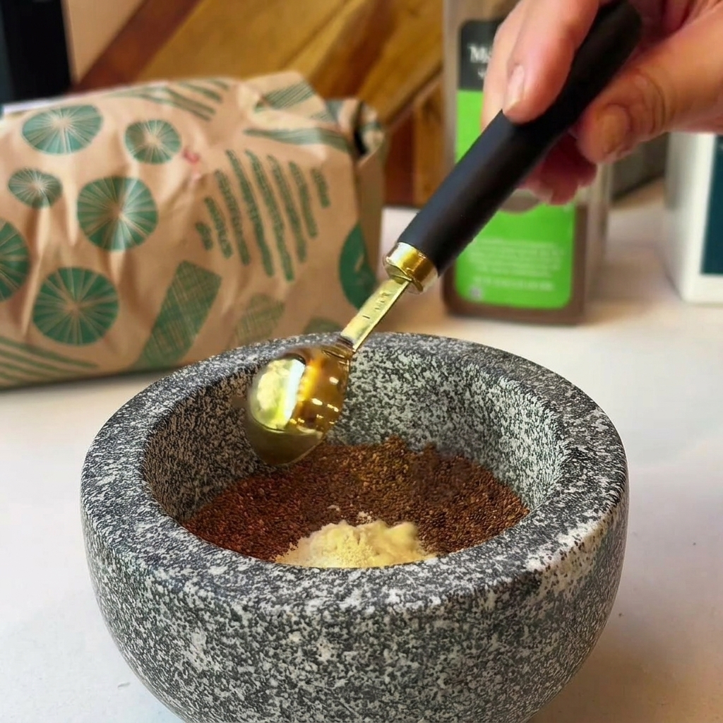 Une cuillère doseuse ajoutant de la moutarde en poudre à un mélange dépices et de sucre roux dans un mortier.