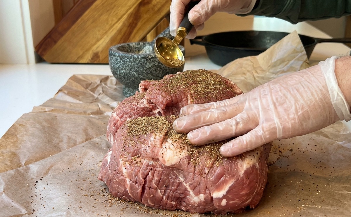 Mains gantées frottant un mélange dépices rouge foncé sur une grande épaule de porc crue sur du papier sulfurisé.
