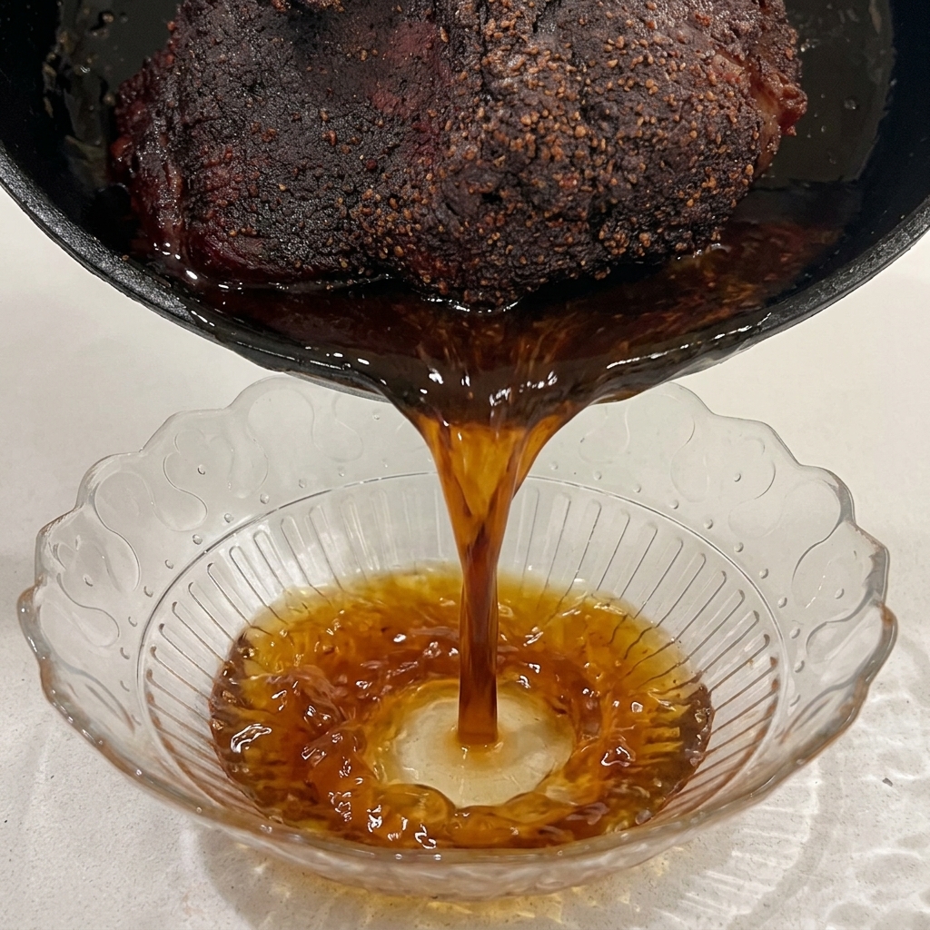 Jus de cuisson de porc brun et riche versé dune poêle dans un bol en verre transparent.