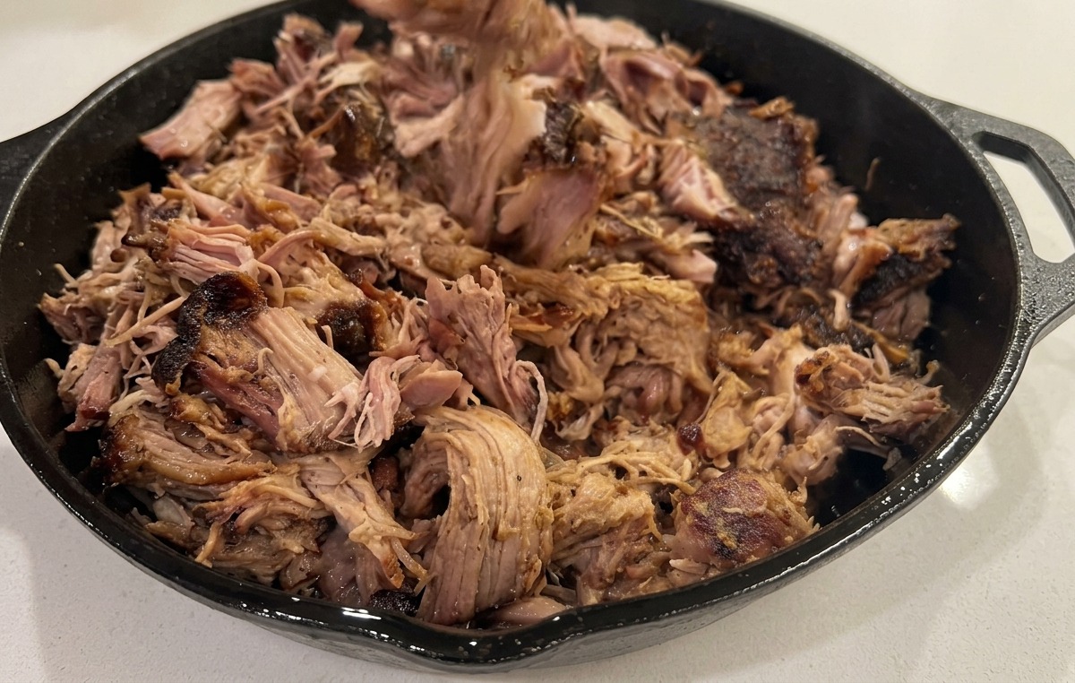 Deux fourchettes séparant la chair dune épaule de porc cuite et tendre dans un plat en fonte.