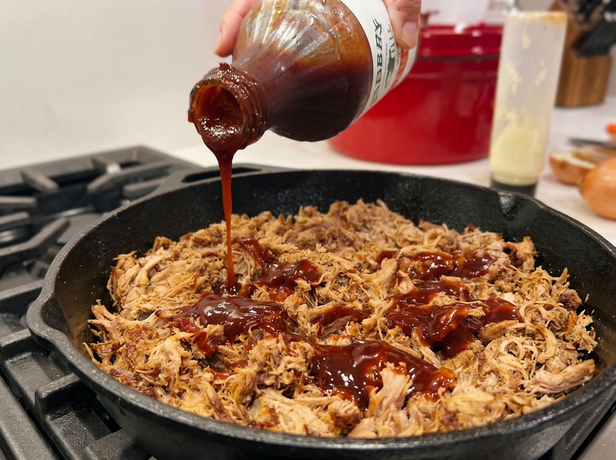 Versement dune sauce barbecue sombre depuis une bouteille sur un tas de porc effiloché.