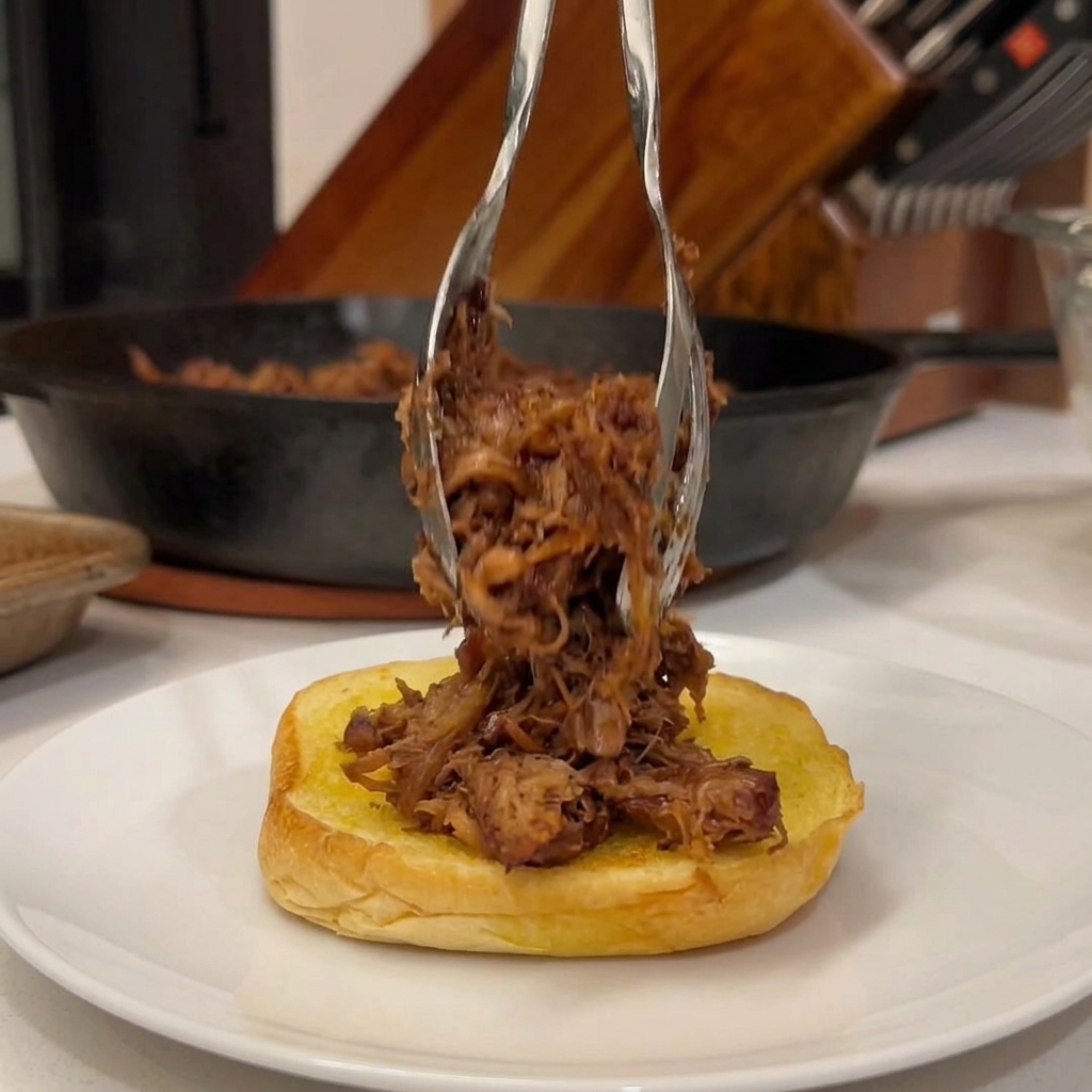 Une pince métallique déposant une montagne de porc effiloché BBQ sur un pain beurré et toasté.