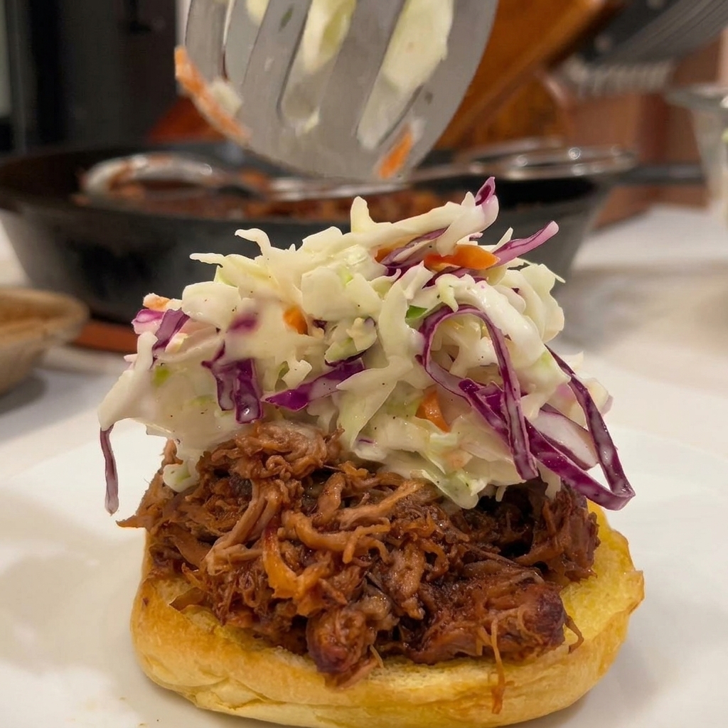 Une cuillère déposant du coleslaw crémeux et coloré sur un burger au porc effiloché.