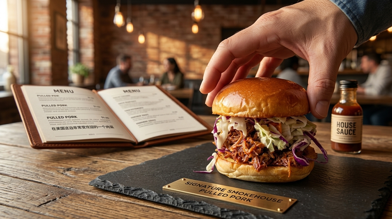 Un burger généreux au porc effiloché surmonté dun coleslaw frais dans un pain brioché toasté.
