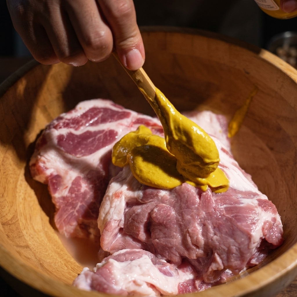 Une spatule étalant de la moutarde jaune sur des morceaux déchine de porc crue dans un bol en bois.