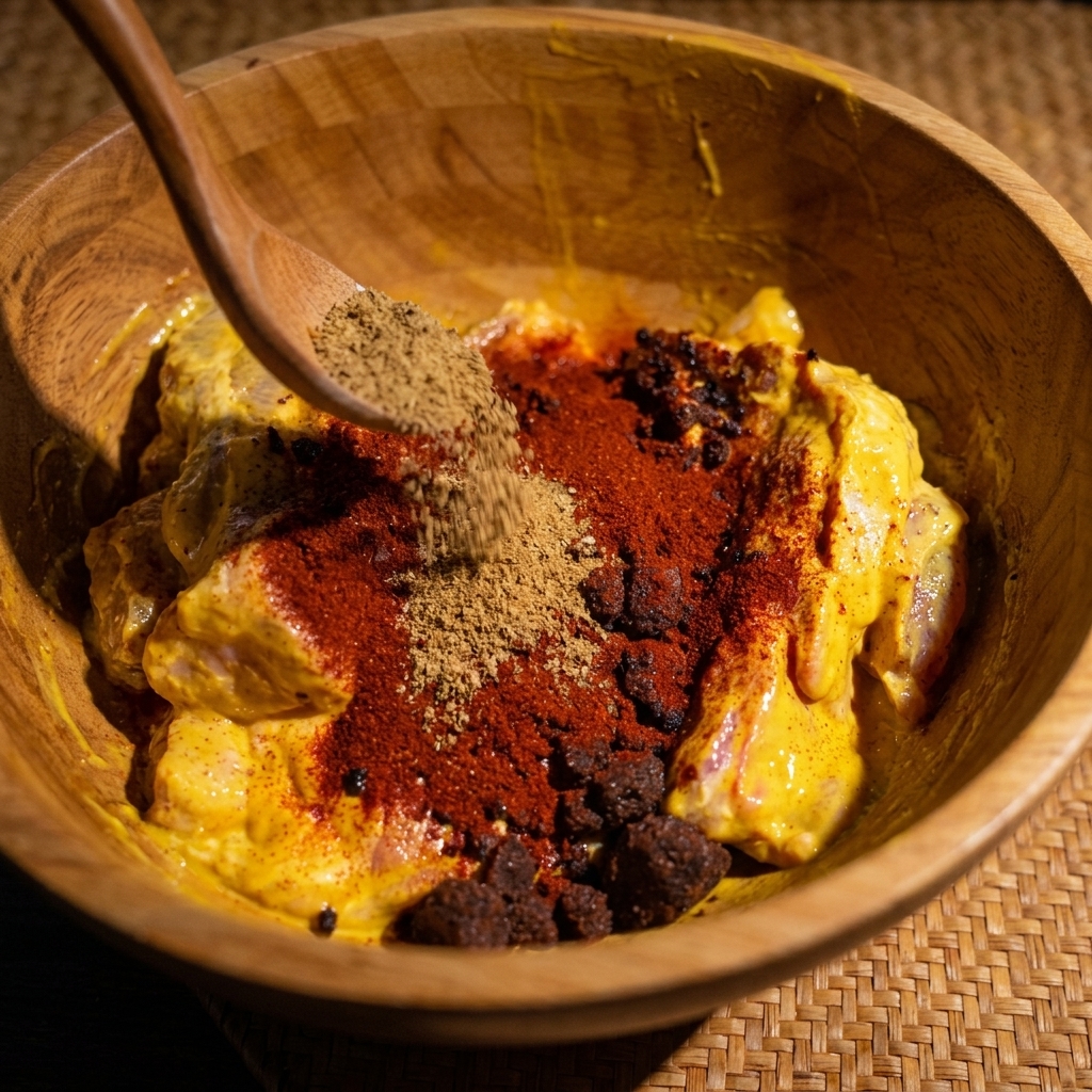 Une cuillère versant des épices sèches comme le paprika et le cumin sur le porc enrobé de moutarde.