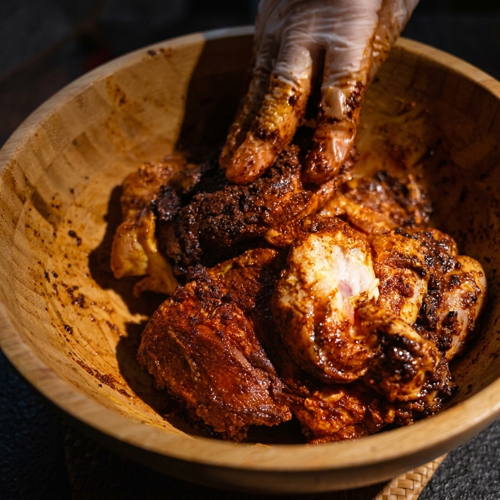 Mains gantées frottant vigoureusement un mélange dépices brun-rouge sur des morceaux de porc.