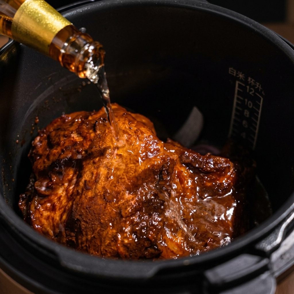 Verser une bouteille de bière blonde dans un autocuiseur rempli de porc saisi et doignons.