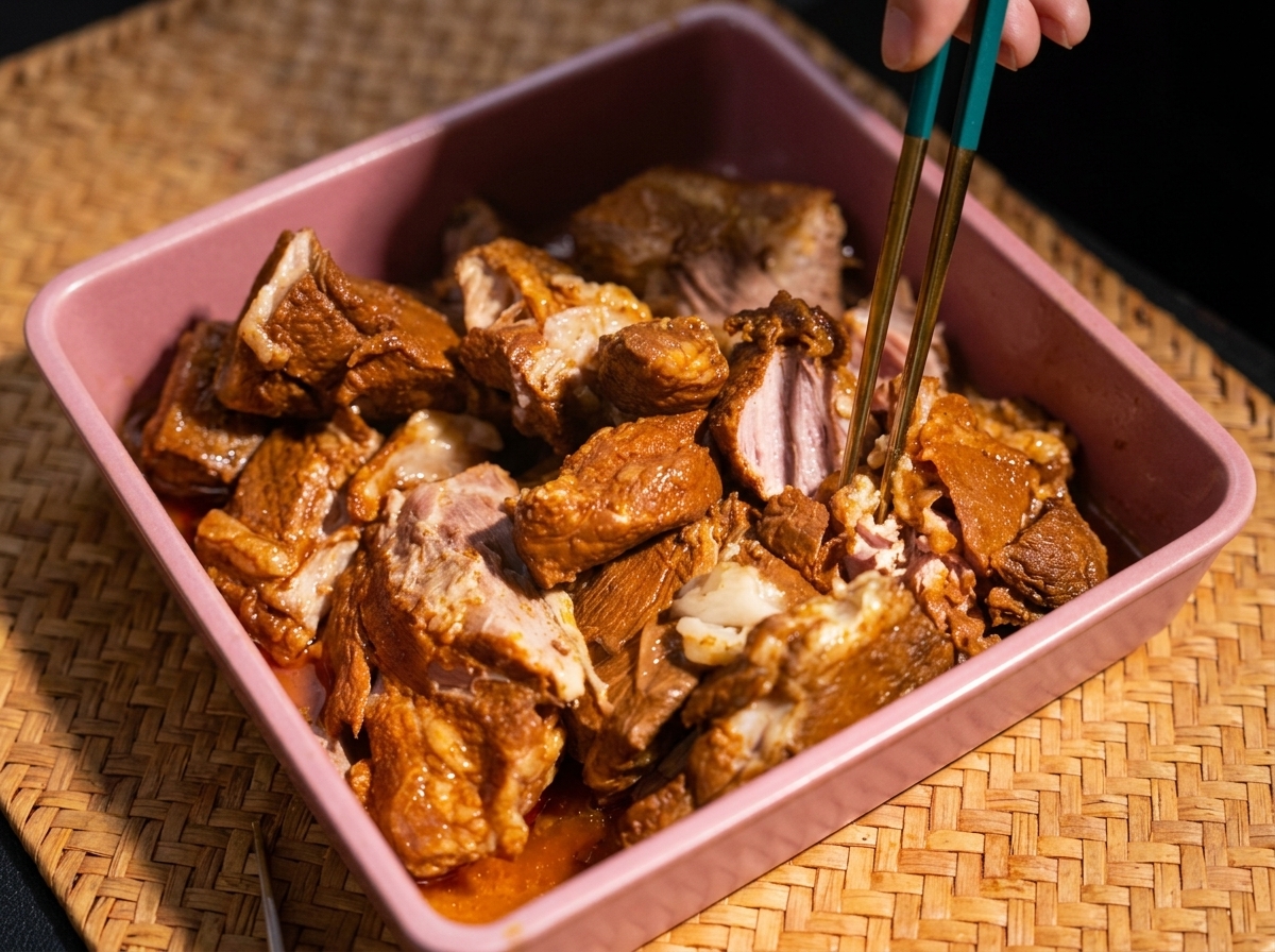 Gros morceaux de porc cuits et tendres effilochés à laide dustensiles en métal dans un plat rose.