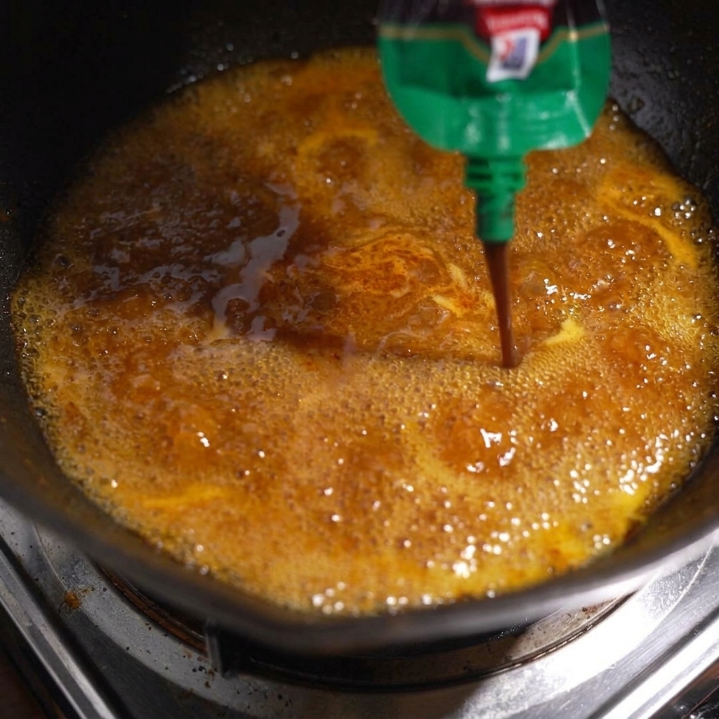Verser de la sauce au poivre noir dune bouteille verte dans une poêle contenant le jus de cuisson frémissant.