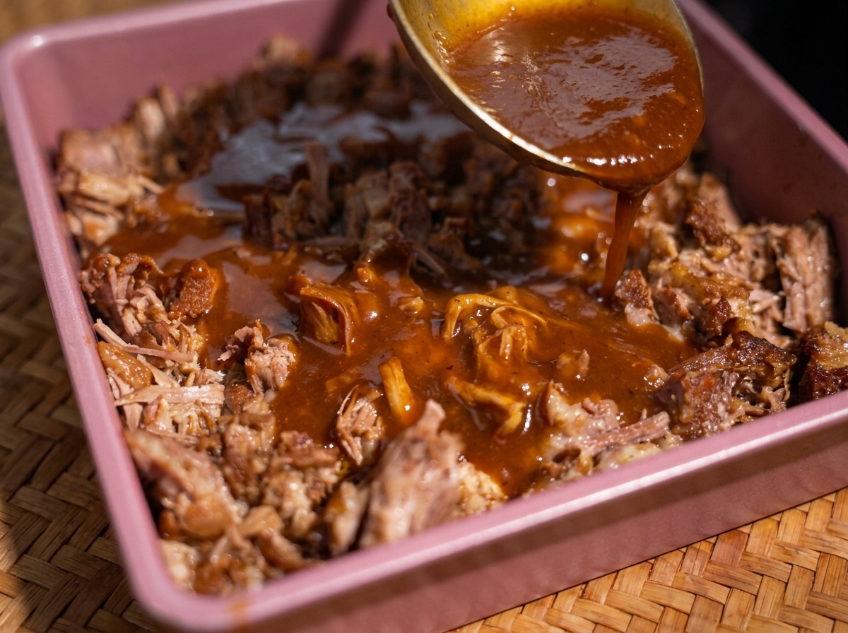 Une louche versant une sauce sombre et épaisse sur un plateau rempli de porc effiloché.