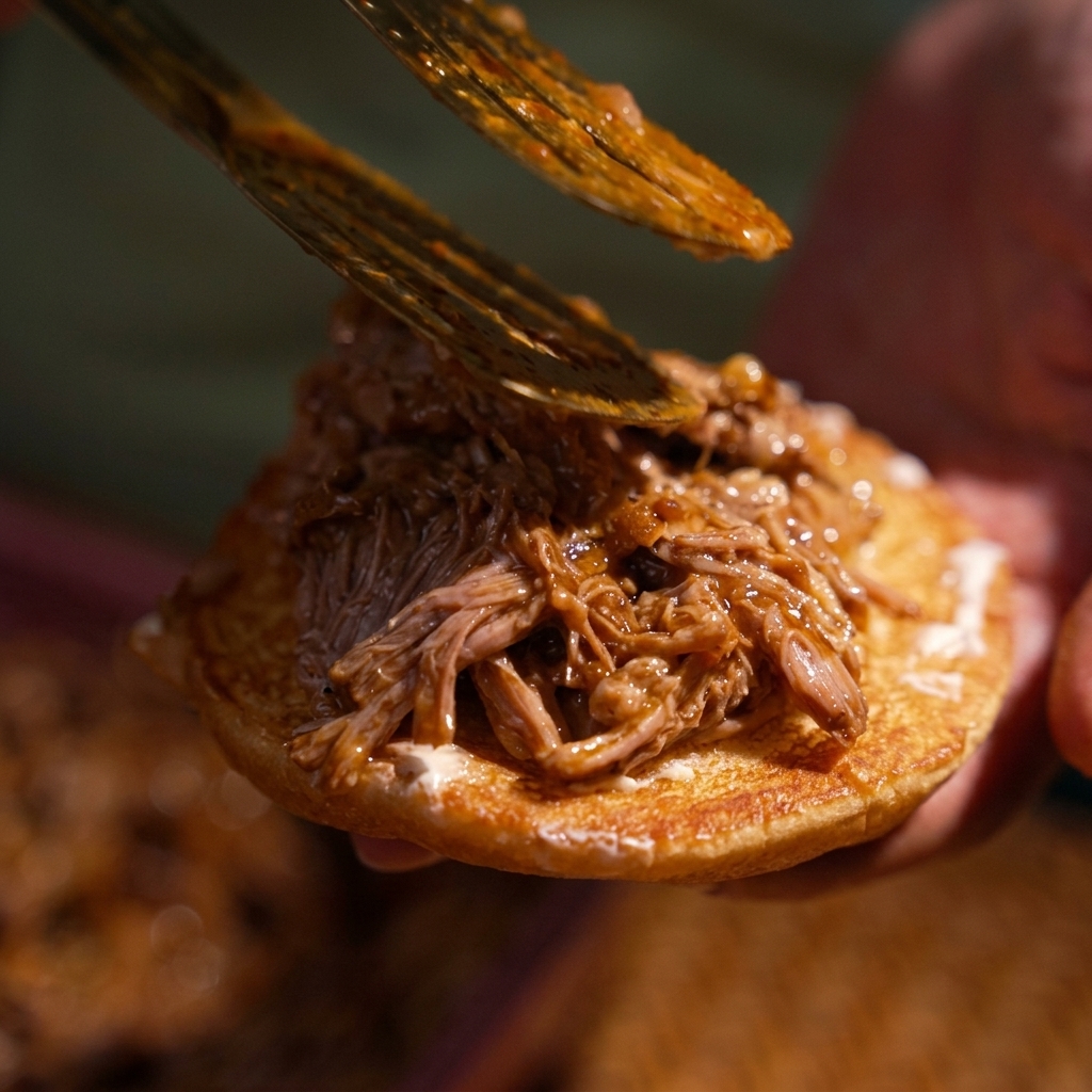Une pince déposant une portion généreuse de porc effiloché sur la base toastée dun pain à burger.