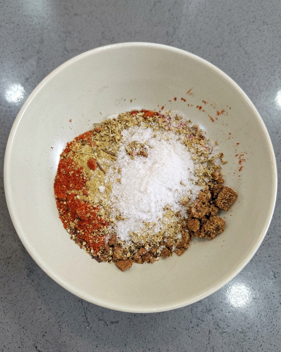 Un bol blanc rempli dun mélange coloré dépices, de sel et de sucre roux prêt à être mélangé.