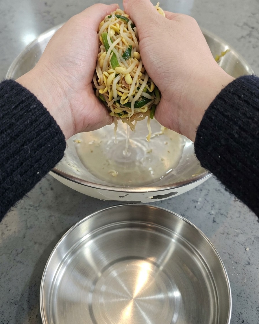 Deux mains pressant fermement la choucroute lavée au-dessus dun bol en métal pour en extraire leau.