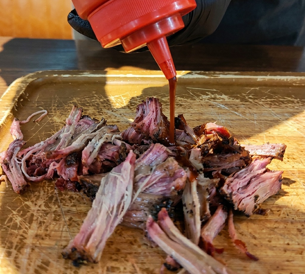 Sauce BBQ brune versée sur un tas de porc effiloché sur une planche en bois.