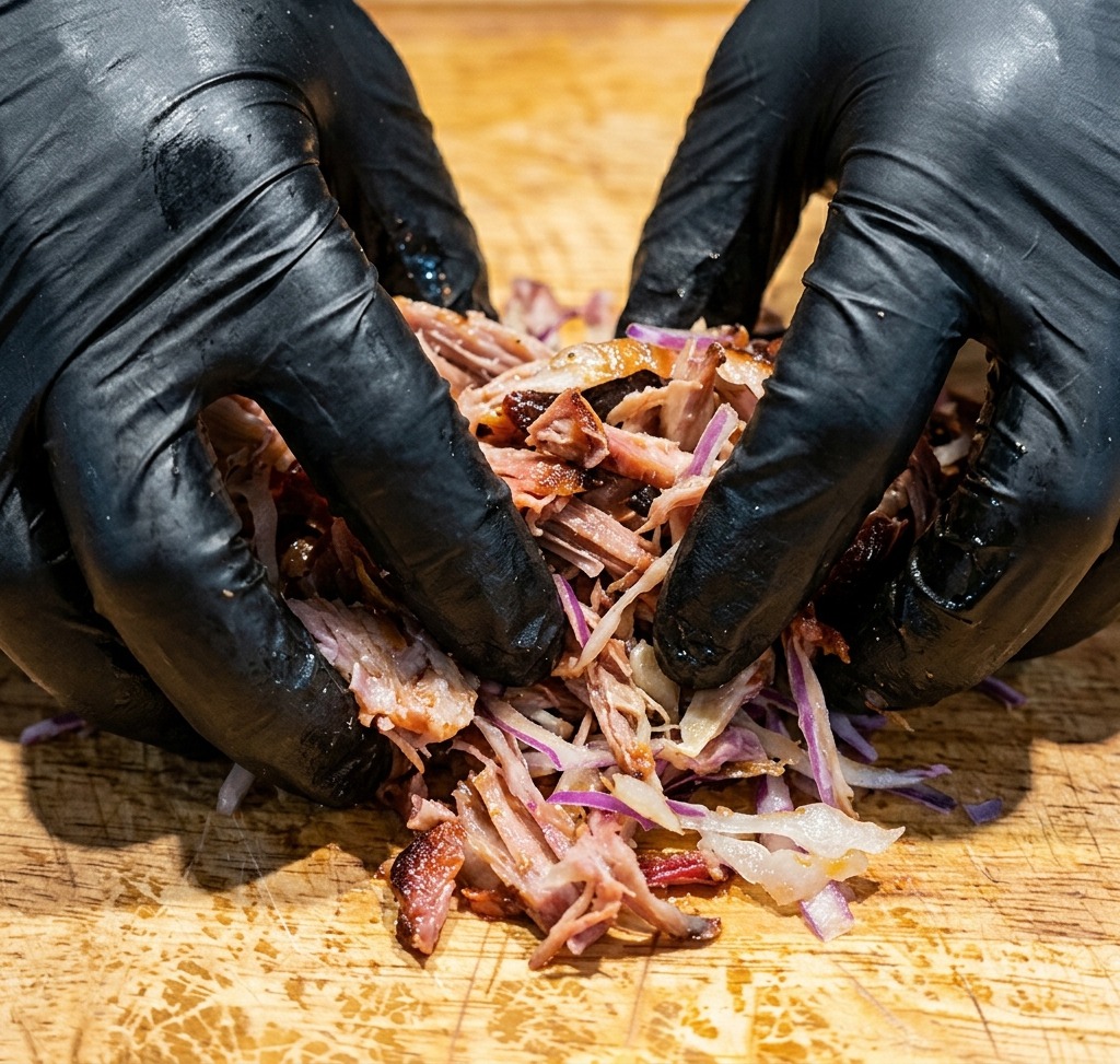 Mains mélangeant soigneusement le porc, le coleslaw et les sauces sur la planche.