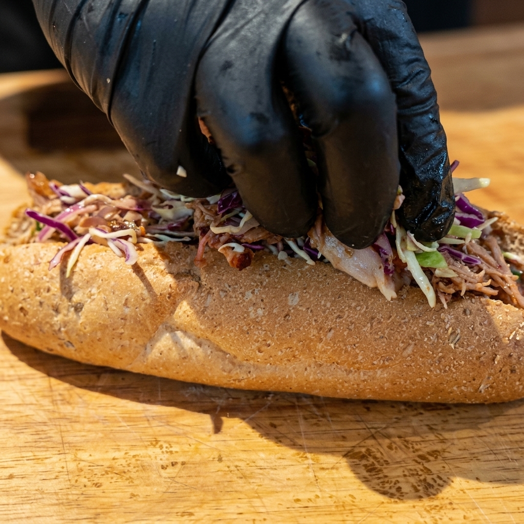 Mains garnissant fermement une baguette avec le mélange de porc effiloché et de coleslaw.