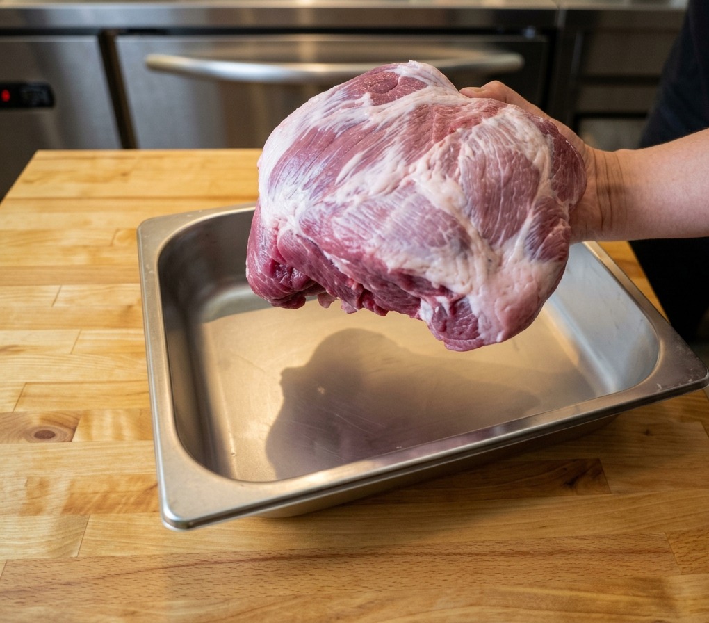 Une personne tenant une épaule de porc crue entière au-dessus dun grand plateau en acier inoxydable.