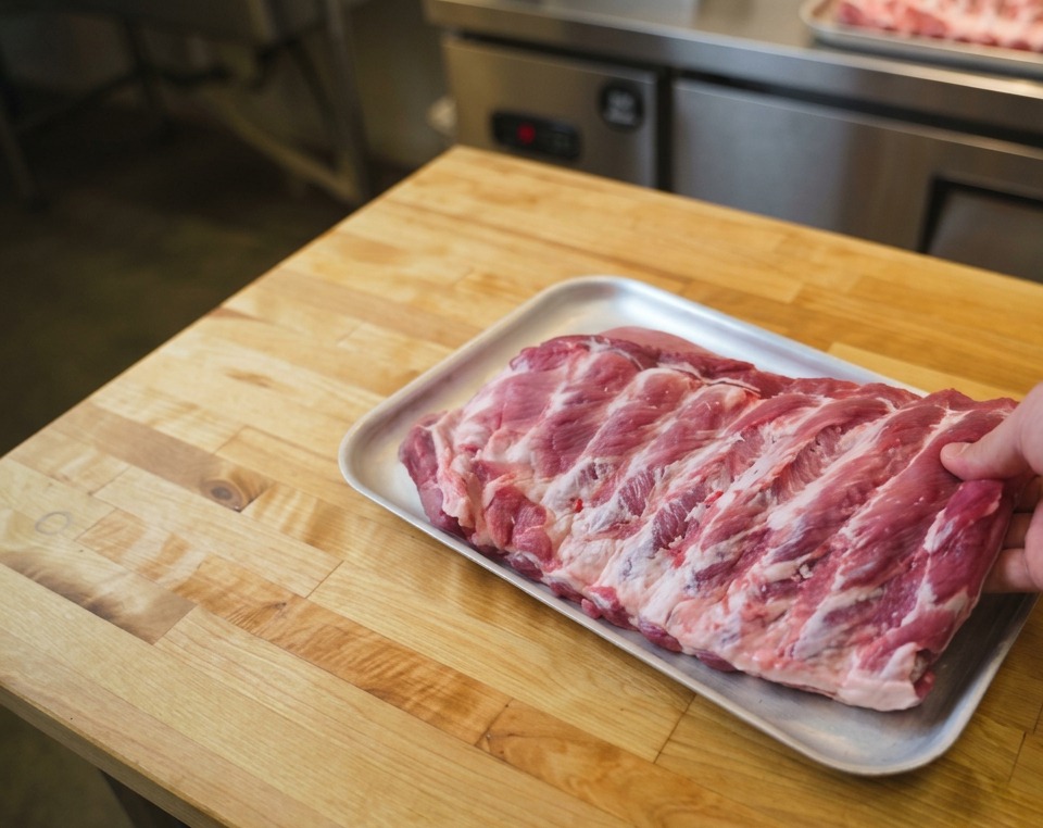 Une main posant un rack de travers de porc crus sur une table de boucher en bois clair.