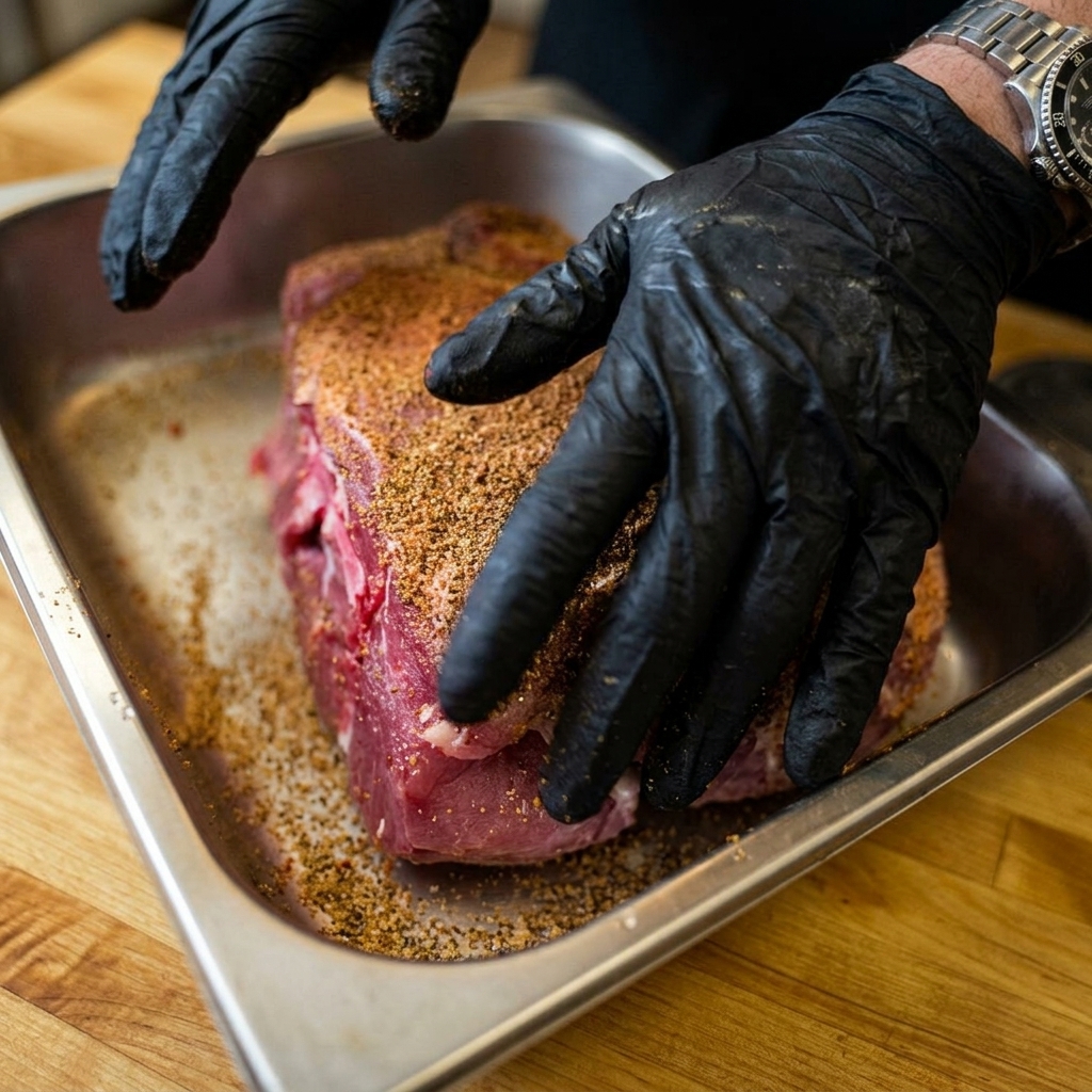 Des mains gantées pressant une épaisse couche dépices sur une épaule de porc crue dans un plat en métal.