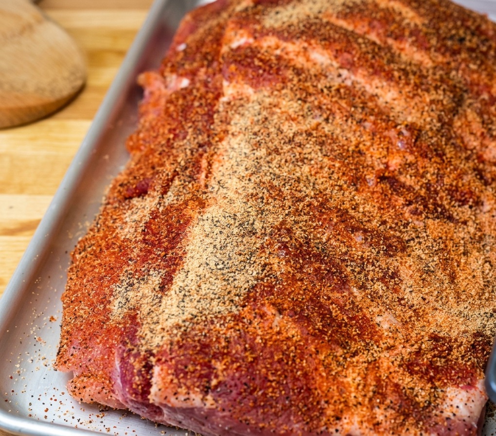 Gros plan sur un rack de travers de porc entièrement recouvert dun mélange dépices rouge-brun sur un plateau en argent.