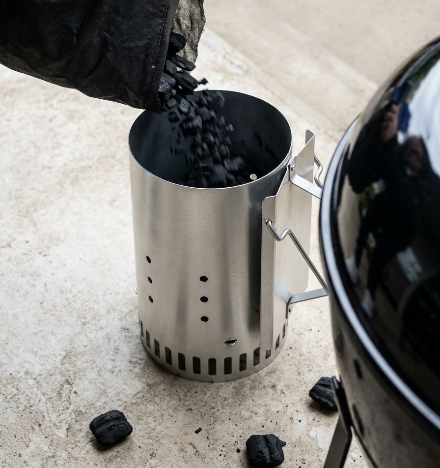 Briquettes de charbon tombant dun sac en papier dans une cheminée dallumage en acier à côté dun grill.