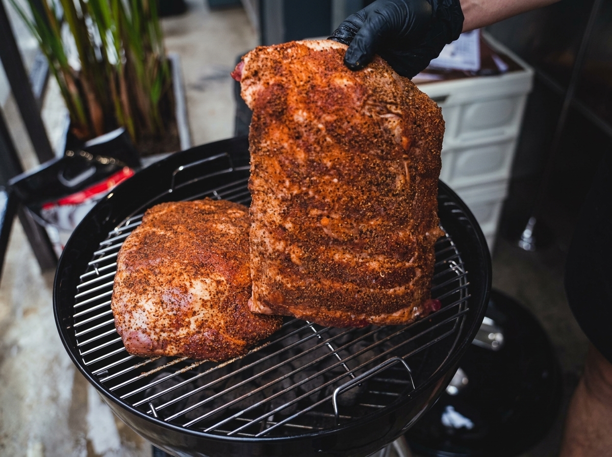Mains gantées posant lépaule de porc assaisonnée et les ribs sur la grille métallique dun barbecue.