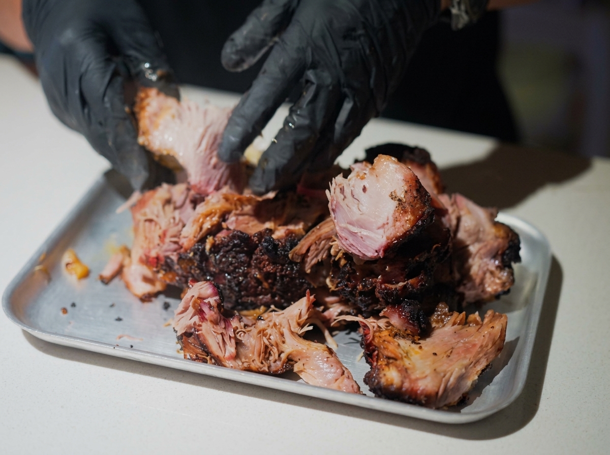 Mains gantées effilochant une épaule de porc tendre à la croûte sombre sur une plaque de cuisson.