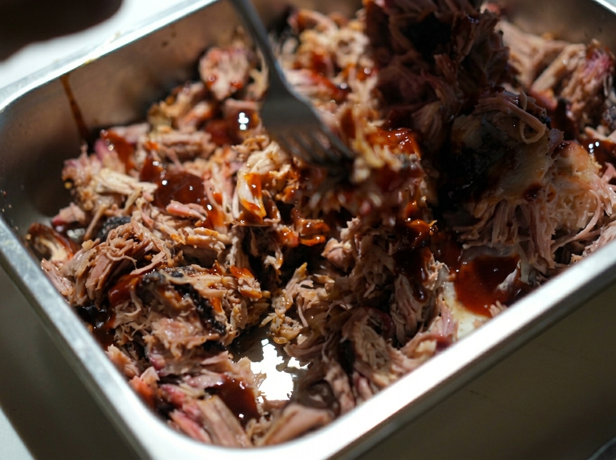 Une fourchette mélangeant une sauce barbecue épaisse dans du porc effiloché chaud dans un plat en métal.