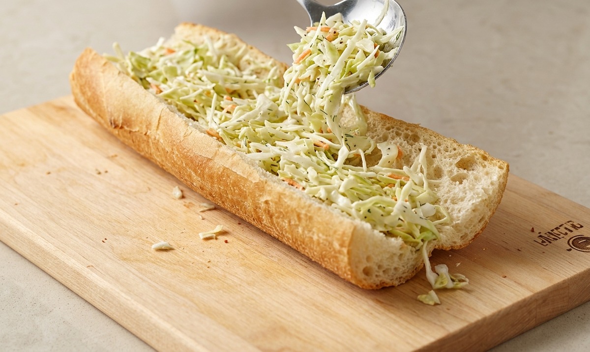 Une personne étalant du coleslaw crémeux à laide dune cuillère à lintérieur dun pain à sandwich.