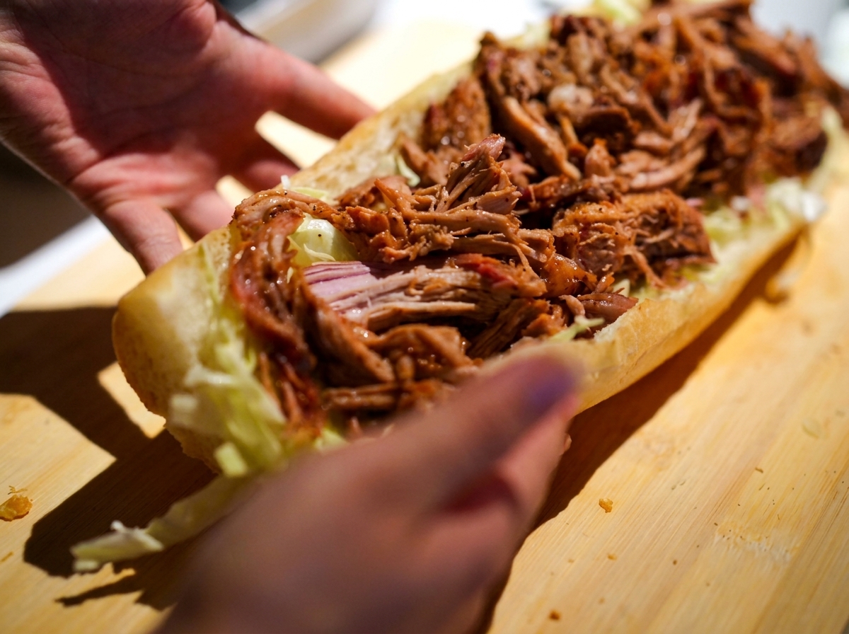 Mains tenant un pain à sandwich généreusement garni de coleslaw et de porc effiloché fumé.