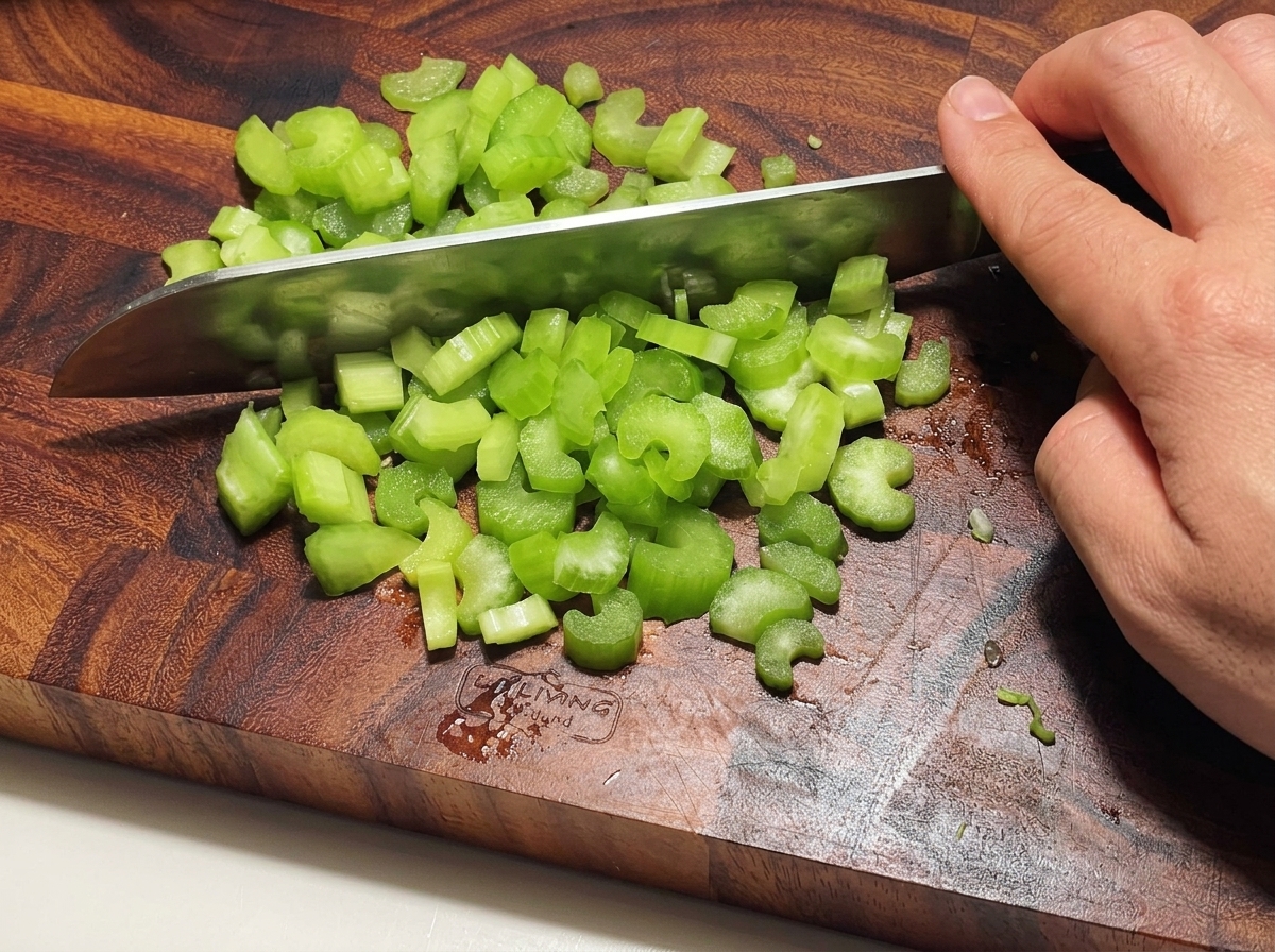 Céleri frais coupé en petits cubes réguliers sur une planche à découper en bois.