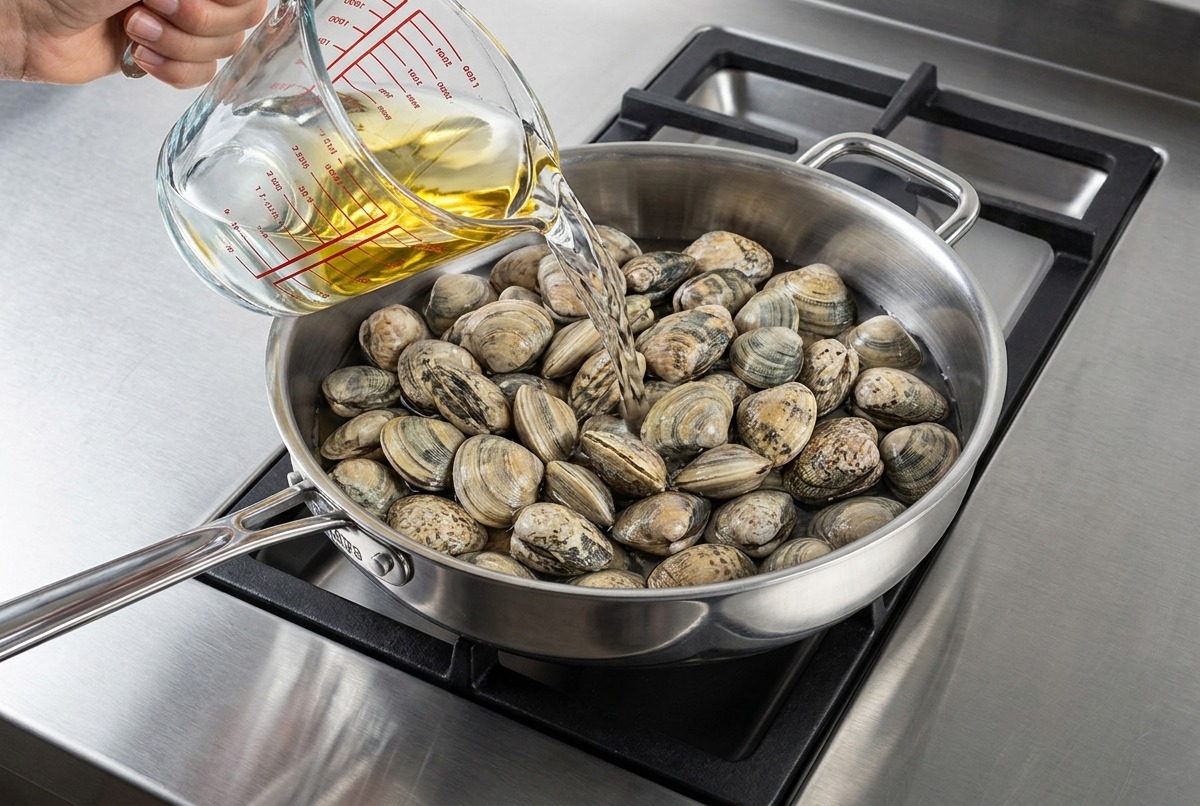 Eau versée sur des palourdes crues dans une grande poêle en inox sur la cuisinière.