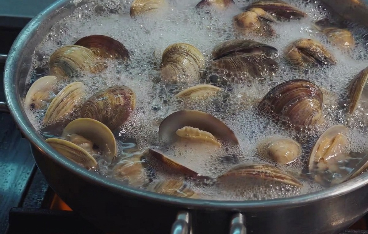 Palourdes bouillant dans une poêle, la plupart des coquilles sont largement ouvertes.