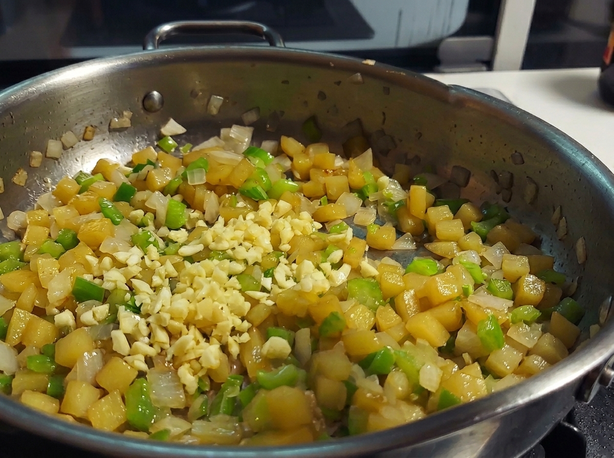 Ail haché frais ajouté aux légumes tendres dans une poêle en inox.