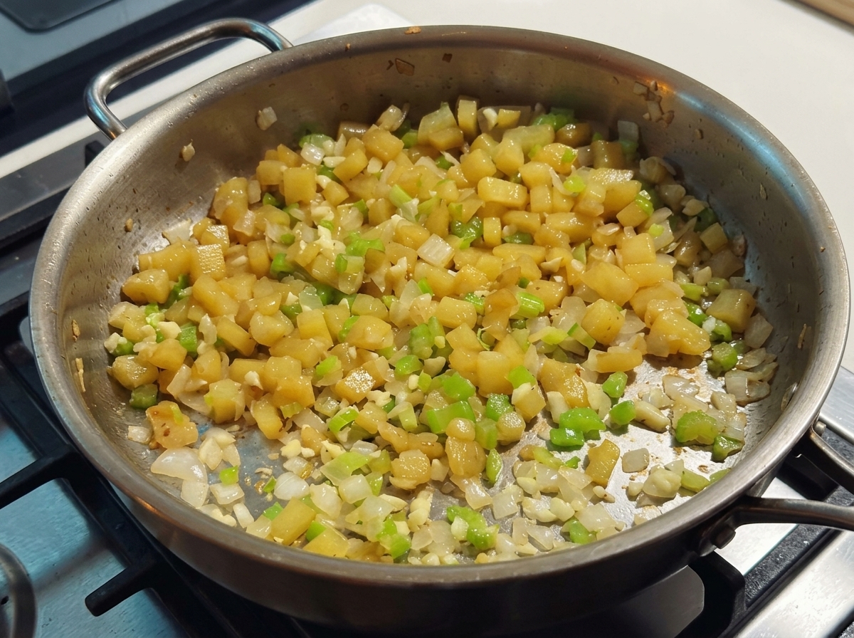 Beurre fondu et farine mélangés aux légumes sautés dans la poêle.